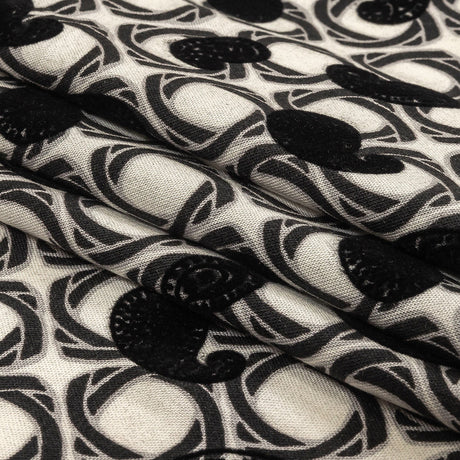 Black and White Flocked Paisley on Twisted Squares Printed Viscose Woven
