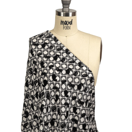 Black and White Flocked Paisley on Twisted Squares Printed Viscose Woven