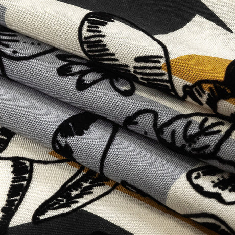 Black, Gray and Harvest Gold Flocked Flowers on Geometric Printed Viscose Woven