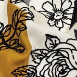Black, Gray and Harvest Gold Flocked Flowers on Geometric Printed Viscose Woven