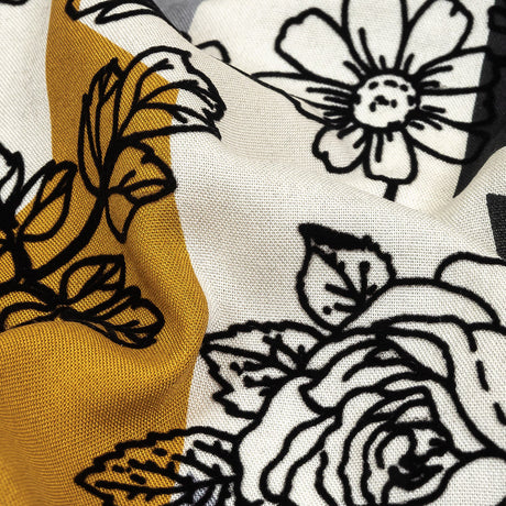 Black, Gray and Harvest Gold Flocked Flowers on Geometric Printed Viscose Woven