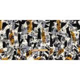Black, Gray and Harvest Gold Flocked Flowers on Geometric Printed Viscose Woven