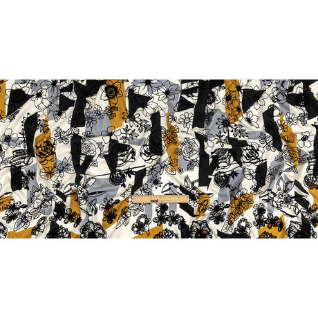 Black, Gray and Harvest Gold Flocked Flowers on Geometric Printed Viscose Woven