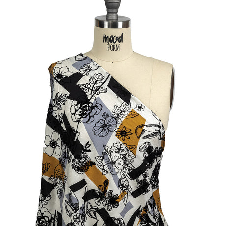 Black, Gray and Harvest Gold Flocked Flowers on Geometric Printed Viscose Woven
