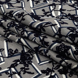 Gray, White and Navy Flocked Florals on Tossed Squares Printed Viscose Woven