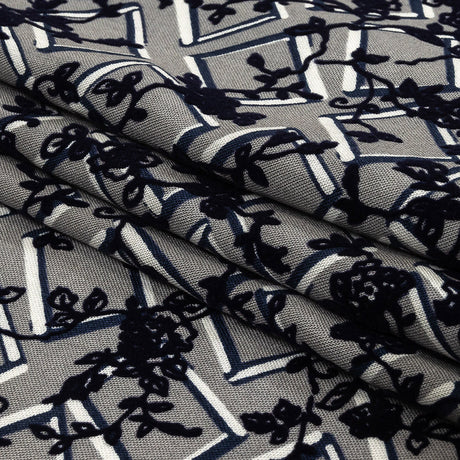Gray, White and Navy Flocked Florals on Tossed Squares Printed Viscose Woven