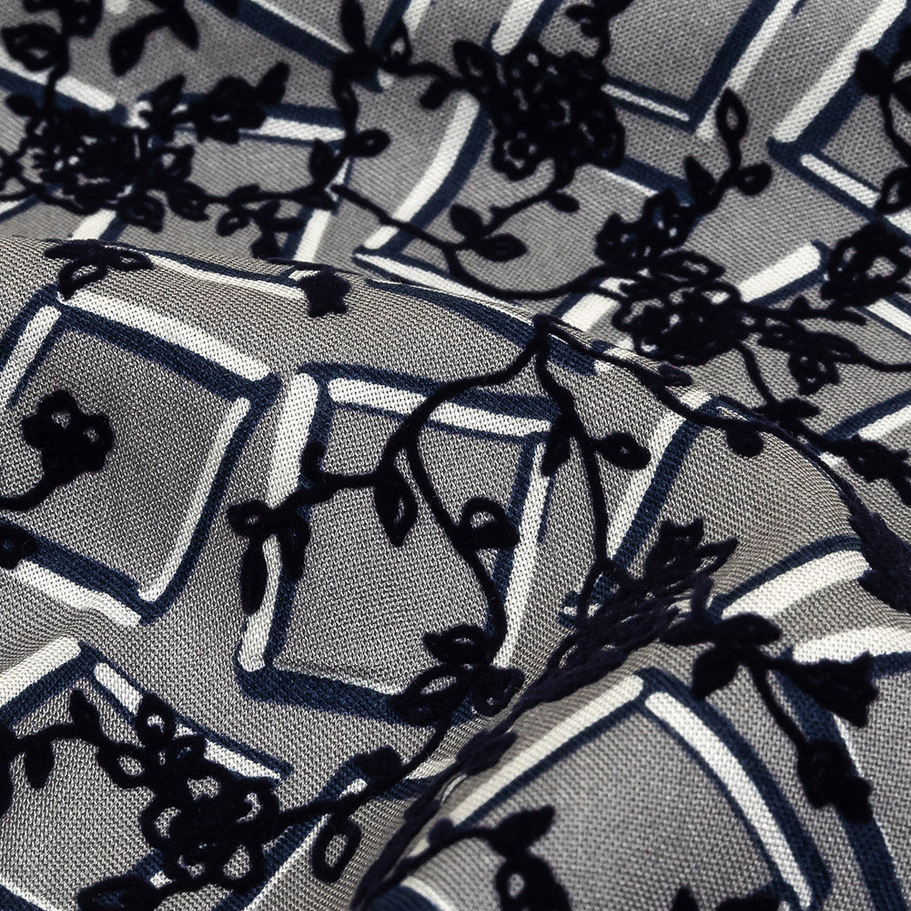 Gray, White and Navy Flocked Florals on Tossed Squares Printed Viscose Woven