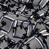 Gray, White and Navy Flocked Florals on Tossed Squares Printed Viscose Woven