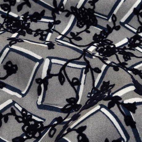 Gray, White and Navy Flocked Florals on Tossed Squares Printed Viscose Woven