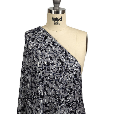 Gray, White and Navy Flocked Florals on Tossed Squares Printed Viscose Woven