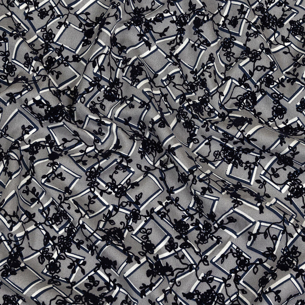 Gray, White and Navy Flocked Florals on Tossed Squares Printed Viscose Woven