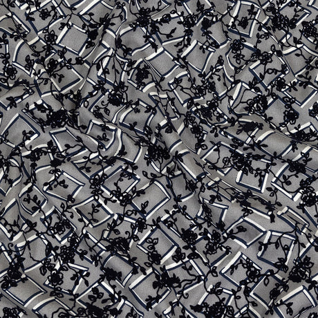 Gray, White and Navy Flocked Florals on Tossed Squares Printed Viscose Woven