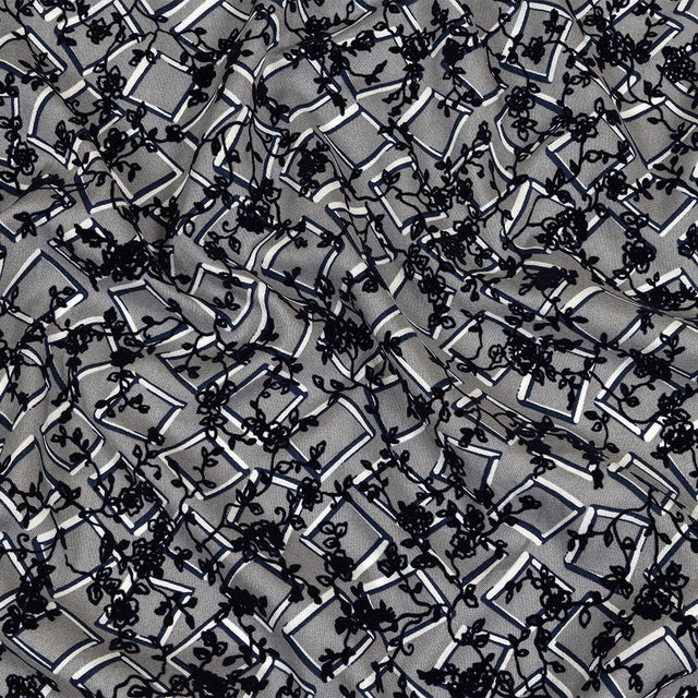 Gray, White and Navy Flocked Florals on Tossed Squares Printed Viscose Woven