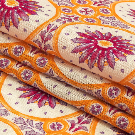 Viscose and Linen Woven Print - Magenta and Orange Floral Tiles - Mood Exclusive Sao Bento