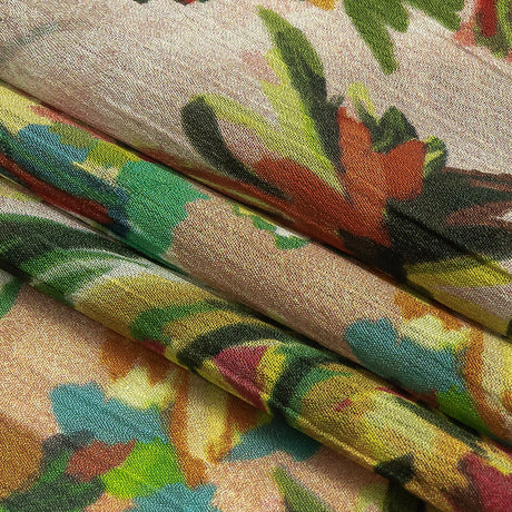 Crinkled Leafy Polyester Jacquard Print - Yellow, Red and Green Palm Trees - Mood Exclusive Beach Babe