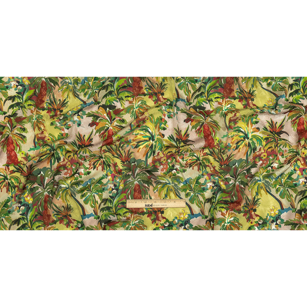Crinkled Leafy Polyester Jacquard Print - Yellow, Red and Green Palm Trees - Mood Exclusive Beach Babe