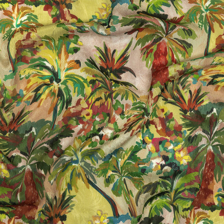 Crinkled Leafy Polyester Jacquard Print - Yellow, Red and Green Palm Trees - Mood Exclusive Beach Babe