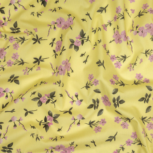Cotton Poplin Print - Pale Yellow and Pink Floral - Mood Exclusive Sakura Sweets
