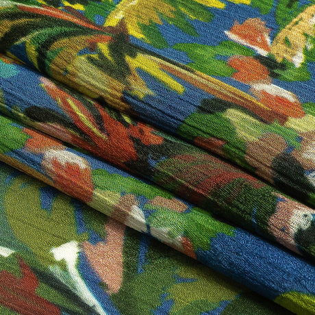 Crinkled Leafy Polyester Jacquard Print - Galaxy Blue, Green and Red Palm Trees - Mood Exclusive Beach Babe