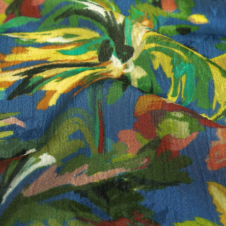 Crinkled Leafy Polyester Jacquard Print - Galaxy Blue, Green and Red Palm Trees - Mood Exclusive Beach Babe