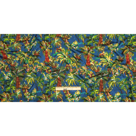 Crinkled Leafy Polyester Jacquard Print - Galaxy Blue, Green and Red Palm Trees - Mood Exclusive Beach Babe