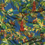 Crinkled Leafy Polyester Jacquard Print - Galaxy Blue, Green and Red Palm Trees - Mood Exclusive Beach Babe