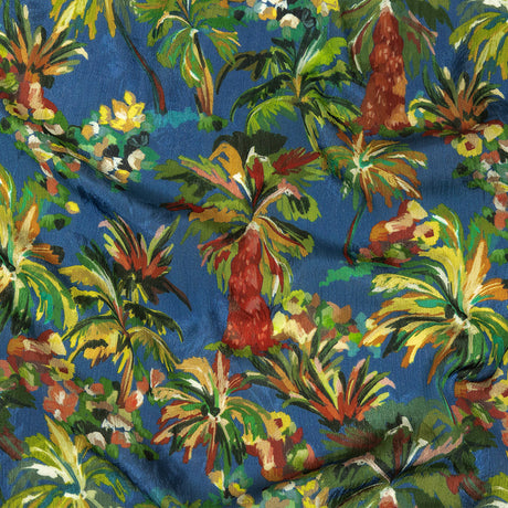 Crinkled Leafy Polyester Jacquard Print - Galaxy Blue, Green and Red Palm Trees - Mood Exclusive Beach Babe