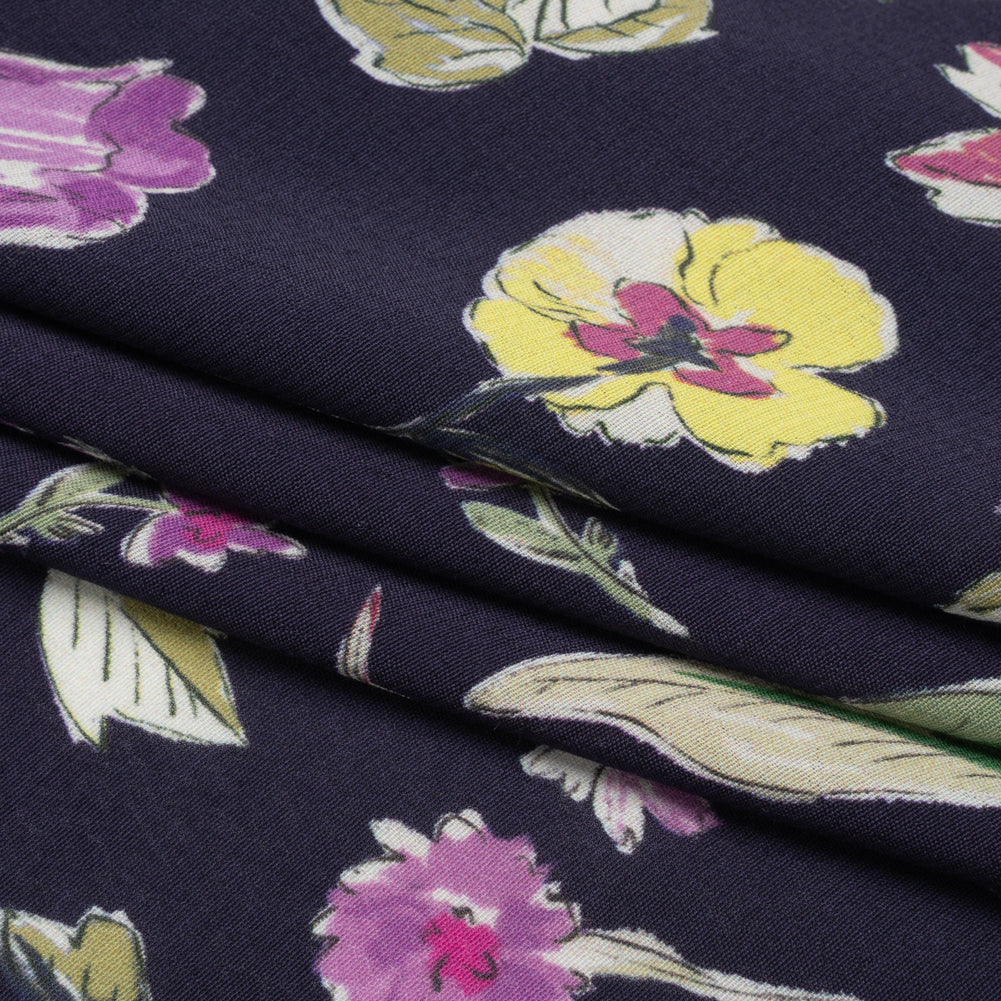 Sustainable Viscose Crepe Print - Purple, Navy, and Yellow Floral - Mood Exclusive Tulip Fever