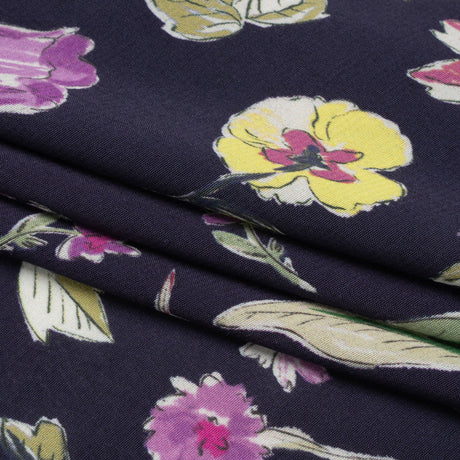 Sustainable Viscose Crepe Print - Purple, Navy, and Yellow Floral - Mood Exclusive Tulip Fever