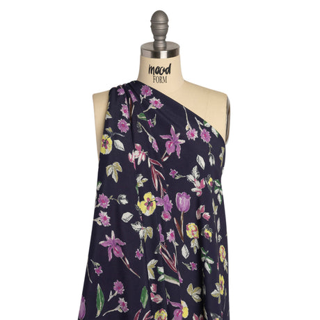 Sustainable Viscose Crepe Print - Purple, Navy, and Yellow Floral - Mood Exclusive Tulip Fever