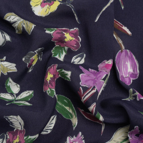 Sustainable Viscose Crepe Print - Purple, Navy, and Yellow Floral - Mood Exclusive Tulip Fever
