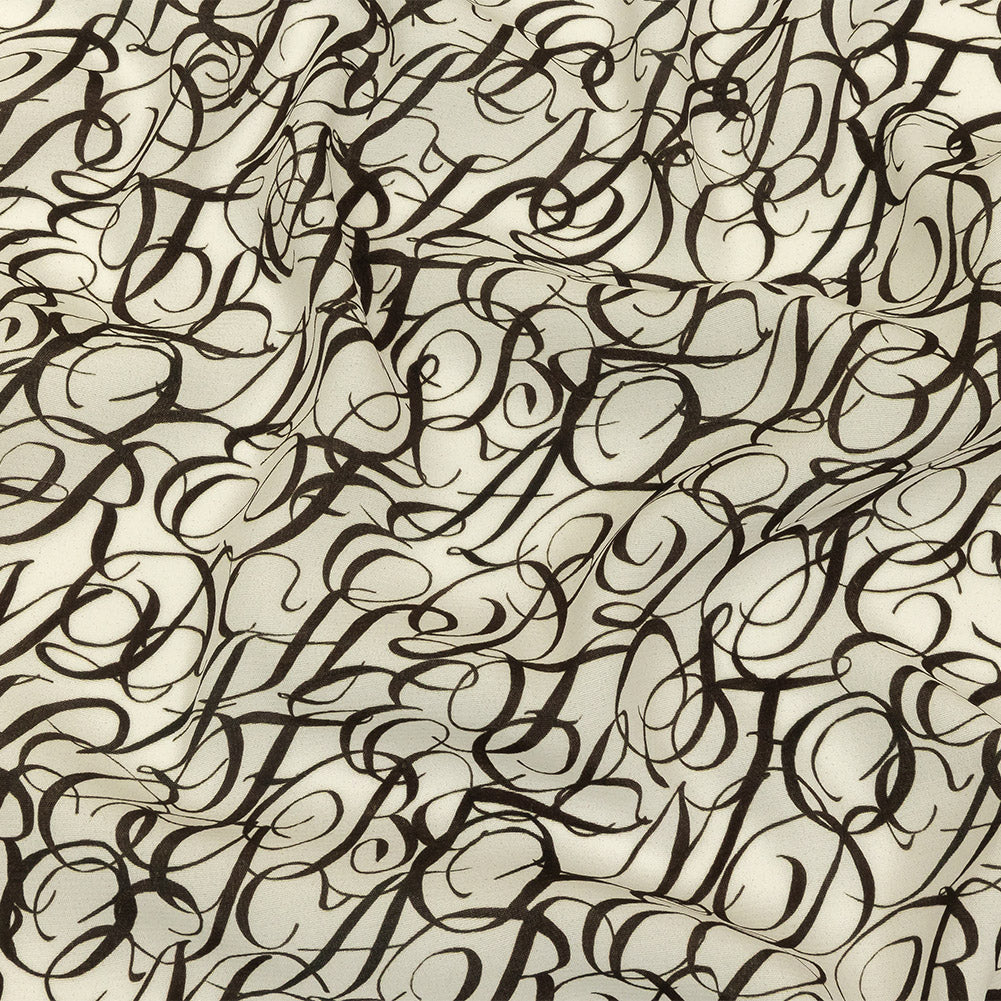 Sustainable Viscose Woven Print - White Calligraphic Letters - Mood Exclusive Dear Ms. Austen