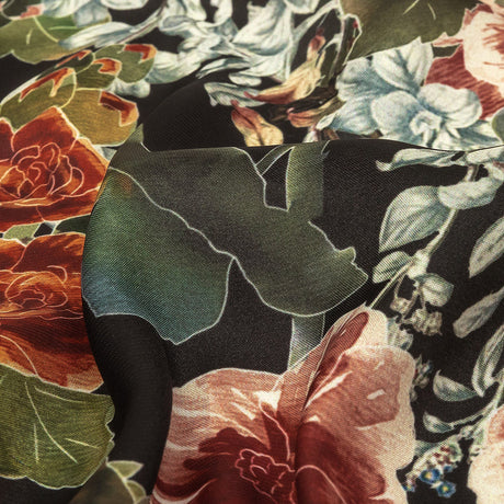 Polyester Charmeuse Print - Black, Red and Blue Floral - Mood Exclusive Misty Morning