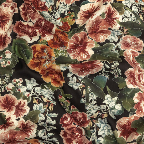 Polyester Charmeuse Print - Black, Red and Blue Floral - Mood Exclusive Misty Morning