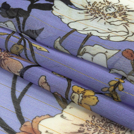 Polyester Chiffon Print with Metallic Pinstripes - Lavender and White Floral - Mood Exclusive Ornamental Orchestra