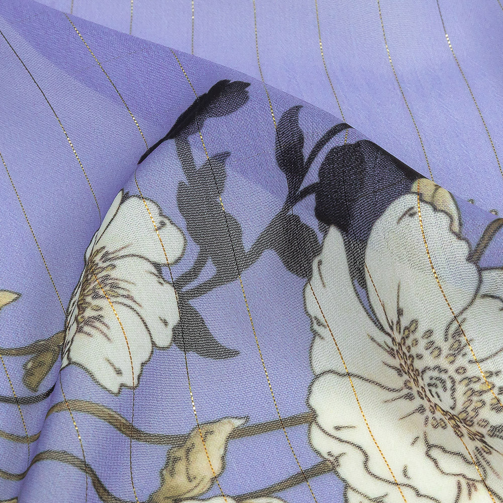 Polyester Chiffon Print with Metallic Pinstripes - Lavender and White Floral - Mood Exclusive Ornamental Orchestra
