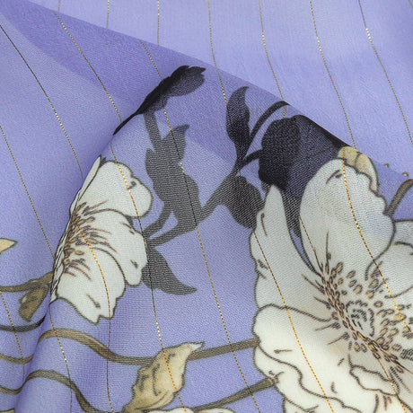 Polyester Chiffon Print with Metallic Pinstripes - Lavender and White Floral - Mood Exclusive Ornamental Orchestra