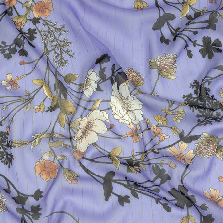 Polyester Chiffon Print with Metallic Pinstripes - Lavender and White Floral - Mood Exclusive Ornamental Orchestra