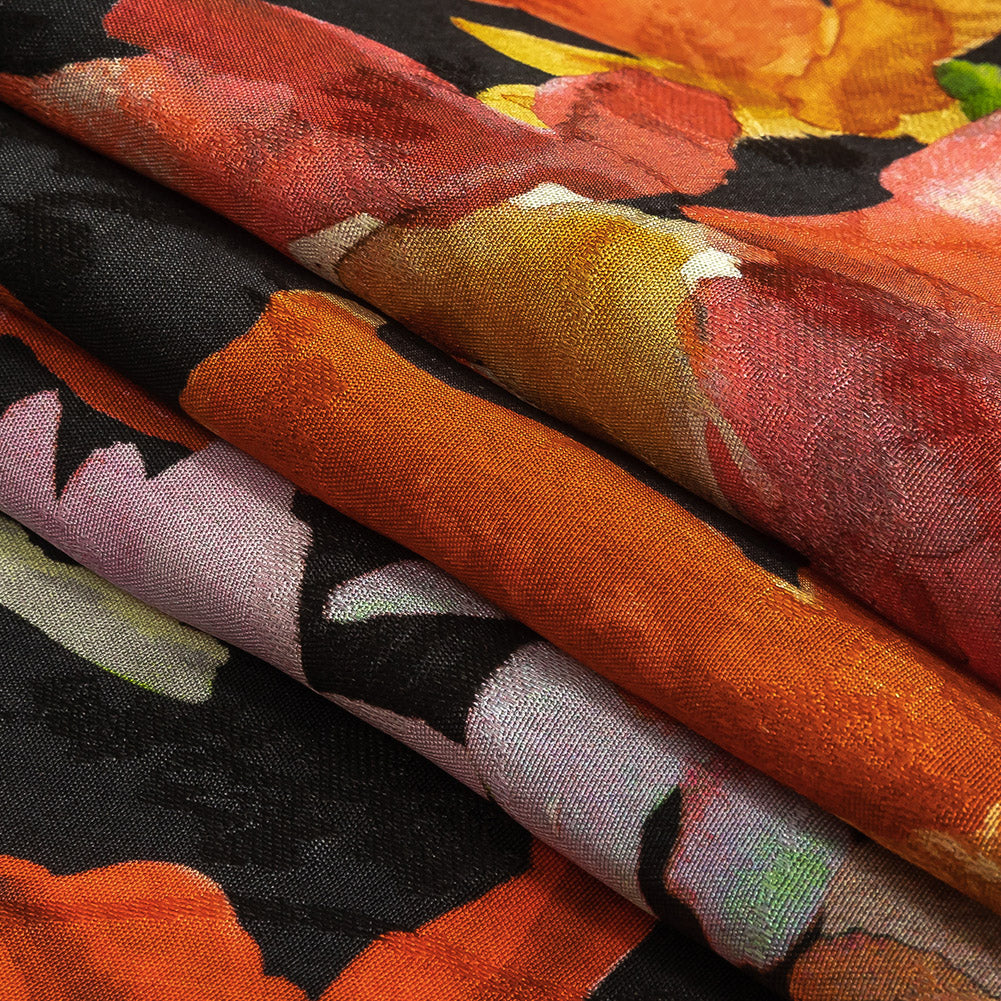 Flowery Sustainable Viscose Jacquard Print - Orange and Red Painterly Floral - Mood Exclusive Painter's Palette