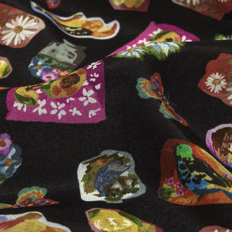 Sustainable Viscose Woven Print - Caviar Black Floral Stickers - Mood Exclusive Sticking Power