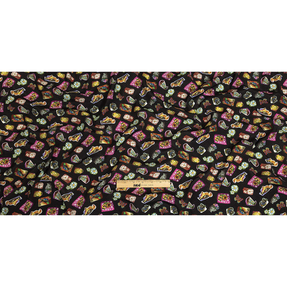 Sustainable Viscose Woven Print - Caviar Black Floral Stickers - Mood Exclusive Sticking Power