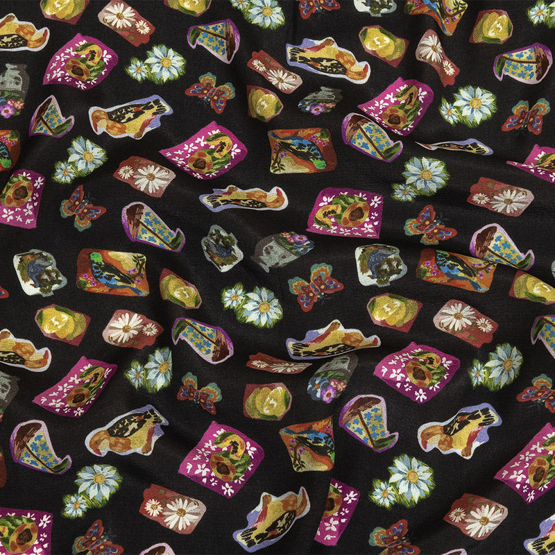 Sustainable Viscose Woven Print - Caviar Black Floral Stickers - Mood Exclusive Sticking Power