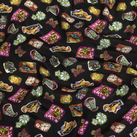 Sustainable Viscose Woven Print - Caviar Black Floral Stickers - Mood Exclusive Sticking Power