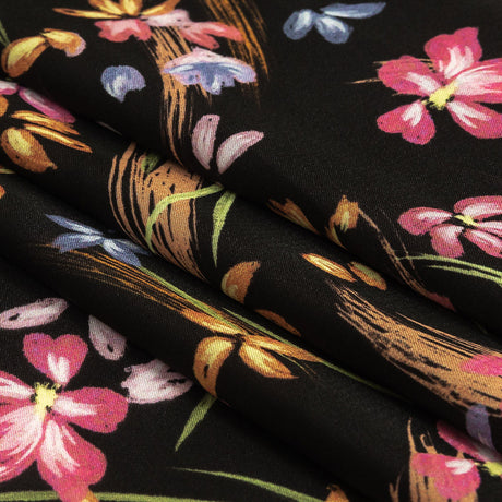 Polyester Charmeuse Print - Black, Pink and Blue Floral - Mood Exclusive In the Wind