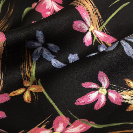 Polyester Charmeuse Print - Black, Pink and Blue Floral - Mood Exclusive In the Wind
