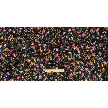 Polyester Charmeuse Print - Black, Pink and Blue Floral - Mood Exclusive In the Wind