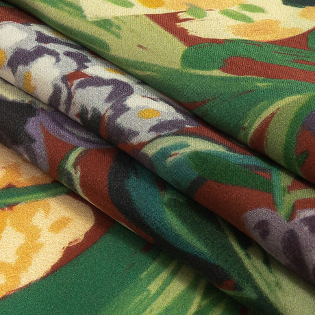 Polyester Crepe de Chine Print - Burnt Russet Brown, Yellow and Purple Floral - Mood Exclusive Language of Flowers