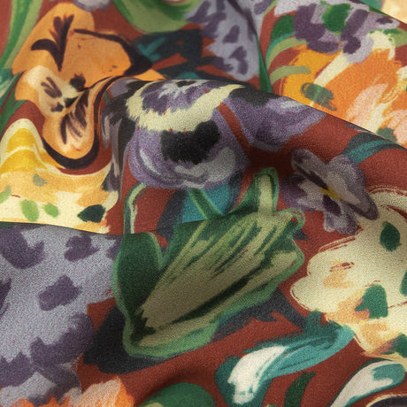 Polyester Crepe de Chine Print - Burnt Russet Brown, Yellow and Purple Floral - Mood Exclusive Language of Flowers