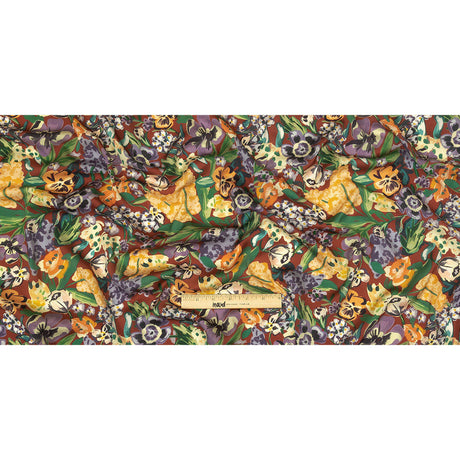 Polyester Crepe de Chine Print - Burnt Russet Brown, Yellow and Purple Floral - Mood Exclusive Language of Flowers