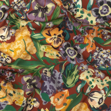 Polyester Crepe de Chine Print - Burnt Russet Brown, Yellow and Purple Floral - Mood Exclusive Language of Flowers